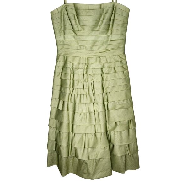 BCBGMaxAzria 8 100% Silk Wowen Dress Willow Green Tiered Ruffle Strapless NEW - Picture 1 of 6